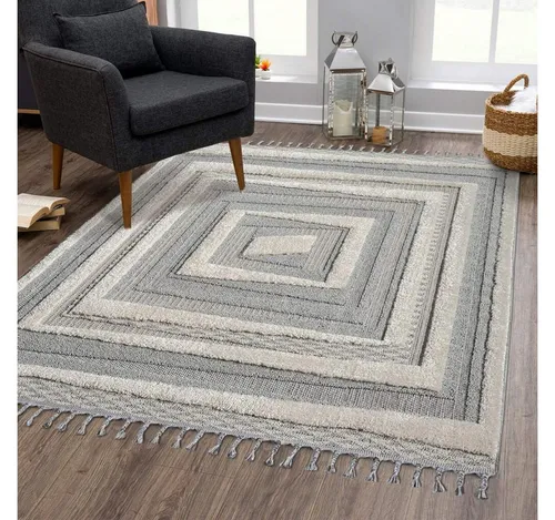 carpet city Teppich Boho Wohnzimmer - Graublau, Creme - 140x200 cm - Teppiche, moderner Boho-Stil mit 3D-Effekt für ein charmantes Ambiente. Strapazierfähig, pflegeleicht und ideal für jeden Raum - der perfekte Blickfang!