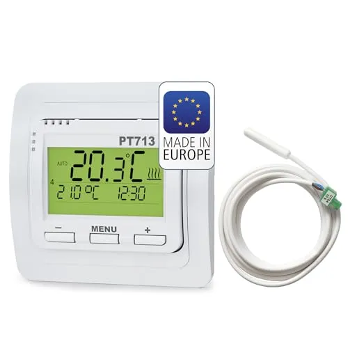 ELEKTROBOCK PT713-EI Digitaler Wandthermostat - Programmierbar mit LCD Display - Programmierbarer Wandthermostat für Zuhause mit 9 flexiblen Wochenprogrammen und optimaler Startfunktion für ein ideales Raumklima. Inklusive externem Fühler und intuitivem LCD Display.