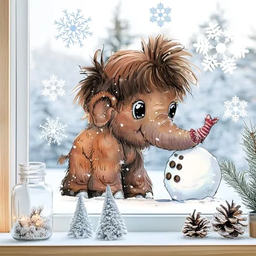 Sunnywall Fensterbilder Winter für Kinder Tiermotive in Winterszene als statisch haftende Fenstersticker, WIEDERVERWENDBAR (Mammut, A4 Bogen)