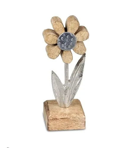 Kremers Schatzkiste Deko Blume Aluminium Mangoholz Sockel 15x6 cm Dekoaufsteller Tischdeko Silber Matt Skulptur Moderne Wohndeko Blumen-Figur Geschenkidee Wohnzimmer Büro