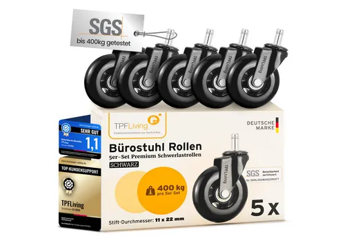 TPFLiving 5er-Set Premium Schwerlastrollen 11mm x 22mm – SGS-zertifiziert bis 400 kg - Entdecke die langlebigen und leisen Schwerlastrollen für Bürostühle. Mit einfacher Montage und herausragendem Bodenschutz sind sie ideal für jeden Arbeitsplatz. Qualität, die überzeugt!