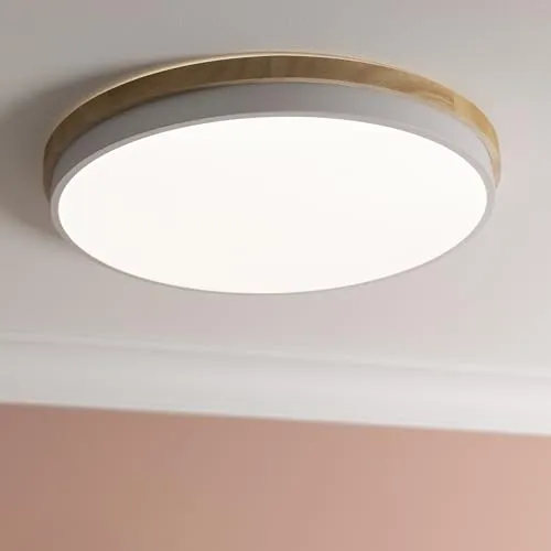 Lightbox LED Wand- & Deckenlampe mit Fernbedienung & CCT (3000 K - 6500 K) & hellbraunem Holz Rahmen vom Kautschukbaum | Ø 50 cm | 36 W | 4500 lm | aus/Kunststoff/Metall/Holz