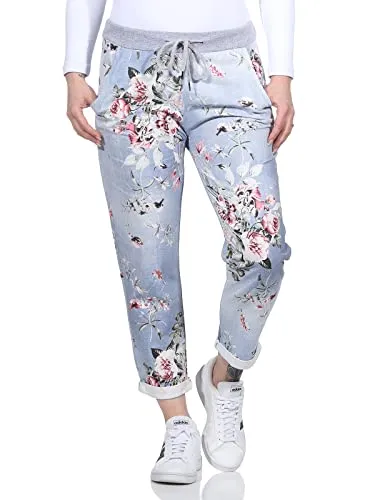Damen Jogginghose im Boyfriend-Style Sweatpants für Freizeit Sport und Fitness 2581 (as3, Numeric, Numeric_42, Numeric_46, Regular, Regular, Hellblau/Blume)