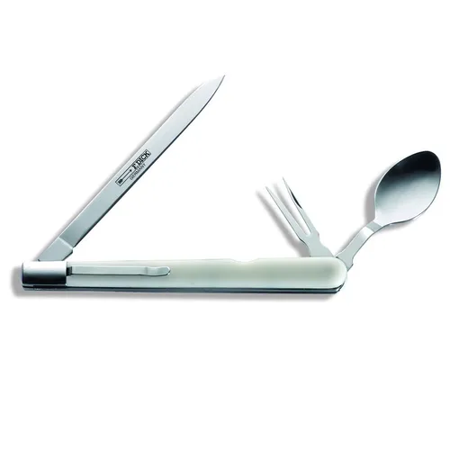 F. DICK Degustations-Set (Besteck-Set 3-teilig, Löffel/Messer/Gabel, klappbar, zum Angeln/Wandern/Picknick/Camping, auch für Profi-Köche, Griff Kunststoff in Perlmutt-Optik) 82011110, 14 cm