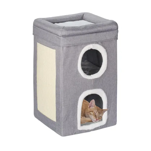 Relaxdays Katzenhöhle mit 3 Ebenen - Gemütliche Katzenhöhle mit 3 Ebenen, ideal zum Spielen und Entspannen. Das Kratzbrett fördert die Krallenpflege. Perfekt für Katzenliebhaber!