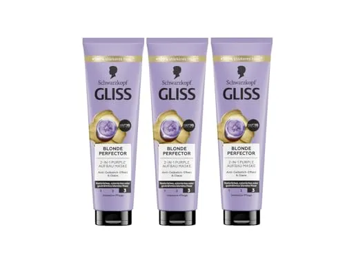 Gliss Blonde Perfector 2-in-1 Purple Aufbau Haarmaske (3x 150 ml), Haarkur für natürliches, coloriertes & gesträhntes blondes Haar sorgt für Glanz & Pflege, mit Anti-Gelbstich-Effekt