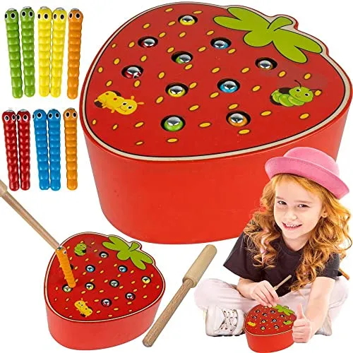 MalPlay Geschicklichkeitsspiel aus Holz die Würmer fangen Magentische Angelnspiel Erdbeere-Entwurmung Holzspielzeug für Kinder ab 3 Jahren