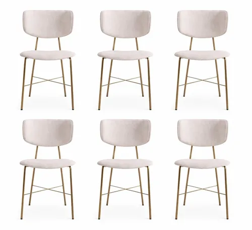 Set von 6 modernen Esszimmerstühlen mit gepolstertem Sitz - Elegante Esszimmerstühle in Beige mit goldenen Metallbeinen. Ideal für stilvolle Räume, bieten sie Komfort und moderne Ästhetik. Maße: 48 x 47 x 83 cm, Herstellergarantie: 2 Jahre.