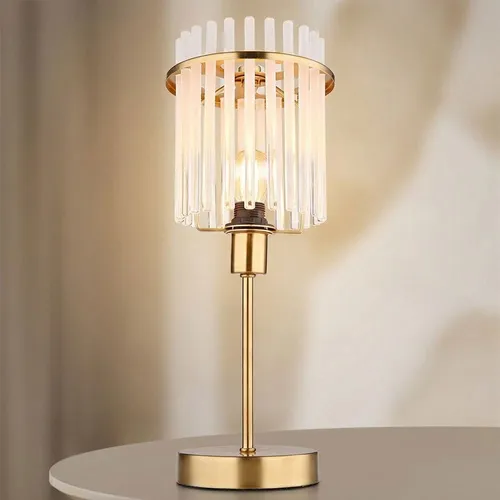 Elegante LED Tischleuchte in Gold mit Glasstäben - Tischleuchte aus Metall und Glas, schafft eine gemütliche Atmosphäre mit warmweißem Licht. Ideal für Wohnzimmer oder Schlafzimmer, inklusive energiesparendem E14 LED Leuchtmittel.