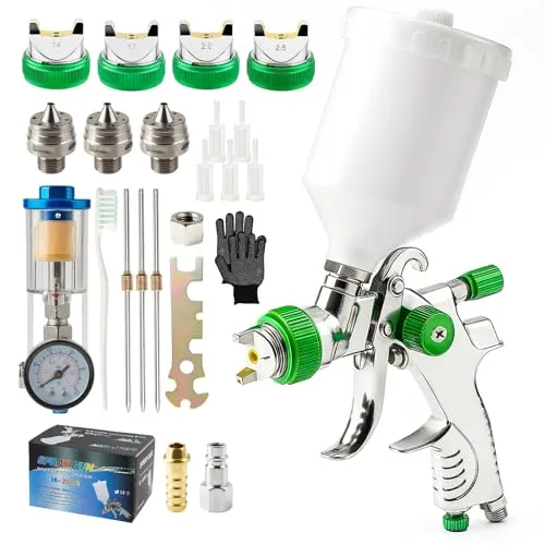Toemics HVLP Lackierpistole Set mit 4 Düsen (1,4/1,7/2,0/2,5 mm), Druckluft Spritzpistole mit 600 ml Becher für Auto, Möbel, Holz, Heimwerker & Lackarbeiten - Grün (Grün)