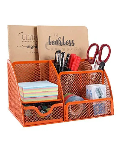 EasyPAG 7 Fächer Metall Schreibtisch Organizer Stiftehalter Stiftköcher Vielseitig Utensilienschalen Büro Organisation Zubehör Ablage mit Schublade,Orange