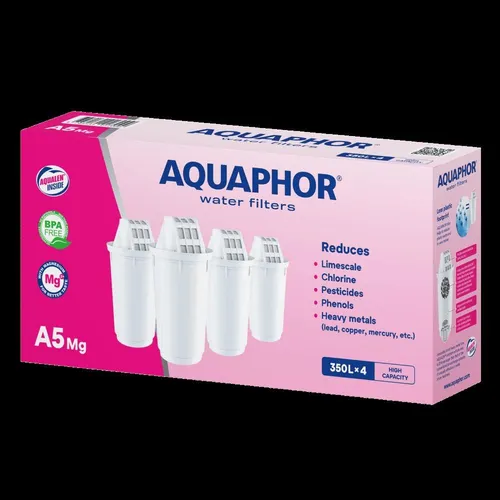 AQUAPHOR A5Mg Wasserfilter 4er Pack - Wasserfilter-Kartuschen mit 3-Stufen-Filterung für reines Trinkwasser. Enthält Magnesium für besseren Geschmack und bis zu 350L Lebensdauer pro Patrone.