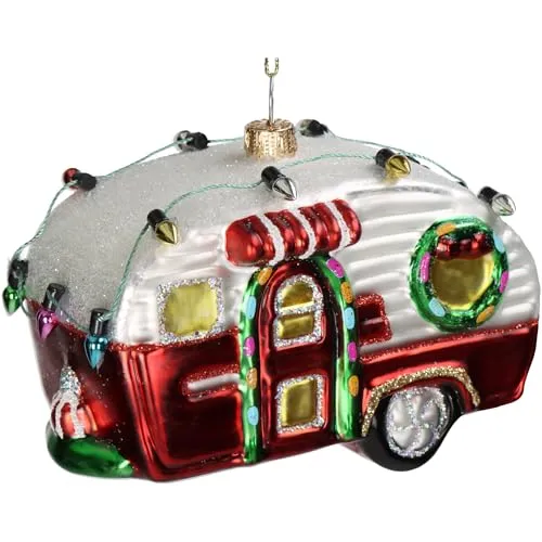 Christbaumschmuck Glas 11,2cm - Wohnwagen Figur zum Aufhängen - handbemalt & mit Glitzer - Weihnachtsbaum Anhänger für Weihnachten - Christbaumanhänger & Weihnachtsbaumschmuck - Caravan Rot Weiß