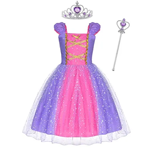 ACWOO Mädchen Prinzessin Kostüm, Rapunzel Lang Kleid Party Cosplay Verkleidung Festlich Karneval Festkleid Maxikleid Geburtstagsfeier mit Krone und Zauberstab