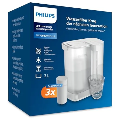 Philips Instant-Wasserfilter-Kanne 3 L – Sauberes Wasser in Sekunden - Wasserfilter für sauberes und schmackhaftes Wasser, reduziert über 40 Schadstoffe und erhält essentielle Mineralien. Ideal für Familien und umweltbewusste Haushalte.