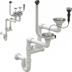 Granitan Küchenspülen Siphon mit Anschluss für Geschirrspülmaschine - Sanitärinstallation mit Raumsparsystem und automatischem Stopfen, ideal für platzsparende Küchenlösungen und einfache Installation von Geräten.