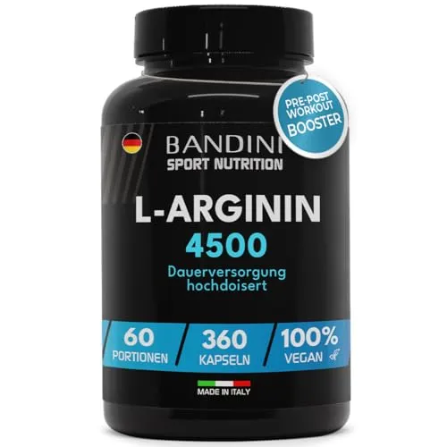 Bandini® L-Arginin 360 hochdosierte vegane Kapseln - 4500 mg L-Arginin HCL pro Tagesdosis - 6 Kapseln/Tag für einen Vorrat von 2 Monaten - Laborgeprüft, hergestellt in Italien