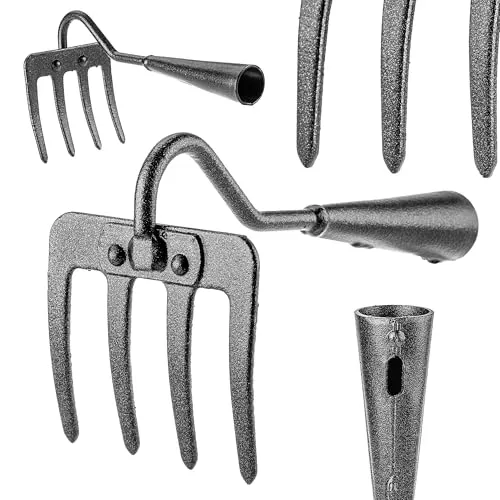 KADAX Gartenrechen aus Karbonstahl, Handrechen mit 4 Zinken, Kartoffelhacke zum Lüften und Lockern des Bodens, Gartengerät ohne Stiel, Gartenzubehör