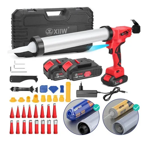 XERSEK Akku-Kartuschenpistole Elektrische Kartuschenpresse Silikonspritze mit 2 Akku (21V 2 Ah), (7840N mit LED, 16X Dichtungsdüse, 6X Ersatzbasis, 38-tlg., 0-32 mm/s, 6-Geschwindigkeit, für 600ml Wurst), 310ml Patrone