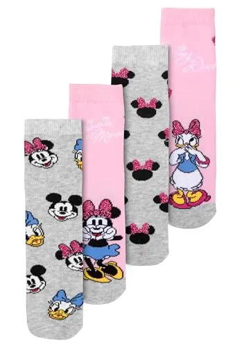 Disney Minnie Mouse & Daisy Duck Socken für Mädchen - Kinder Kindersocken Sneaker Söckchen Rosa/Grau (4er Pack) (DE/NL/SE/PL, Numerisch, 23, 26, Regular, Rosa/Grau)