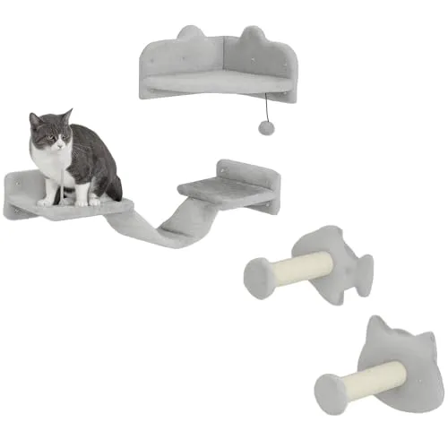 PawHut Katzen Kletterwand Set 4-teilig - Aktivitätskratzbäume, bietet vielseitige Klettermöglichkeiten mit Kratzbaum und Spielball für glückliche Stunden voller Spiel und Abenteuer.