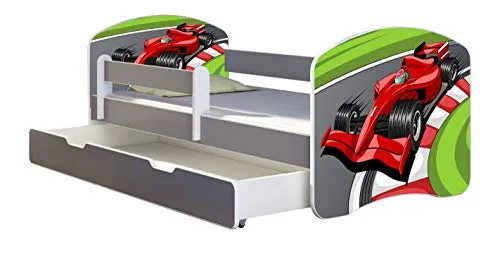 ACMA Kinderbett Jugendbett mit Einer Schublade und Matratze Grau mit Rausfallschutz Lattenrost II (06 Formel 1, 180x80 + Bettkasten)