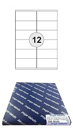 1.200 Etiketten 105 x 48 mm selbstklebend auf DIN A4 Bögen (2x6 Etiketten) - 100 Blatt Pack - Universell für Laser/Inkjet/Kopierer einsetzbar - 105x48mm 12-teilig