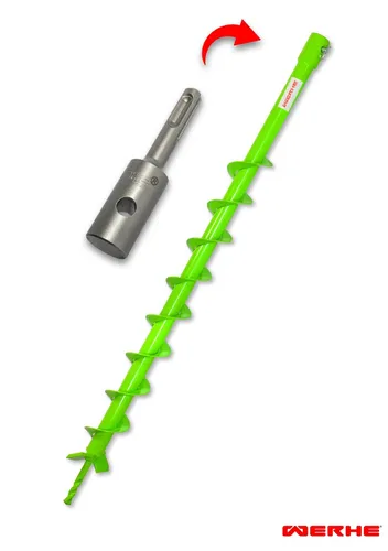 WERHE Erdbohrer für Bohrmaschine mit SDS Plus Adapter ⌀50 mm, 80 cm Länge - Bohrer für effektives und müheloses Bohren in Erde, ideal für Gartenprojekte und Pflanzarbeiten.