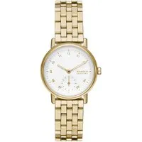 Skagen Kuppel Uhr für Damen - Elegantes Design mit Quarzwerk - Armbanduhren für Damen, 32-mm-Gehäuse mit elegantem Goldton und weißem Zifferblatt, wasserdicht bis 50 m – perfekt für den Alltag und besondere Anlässe.
