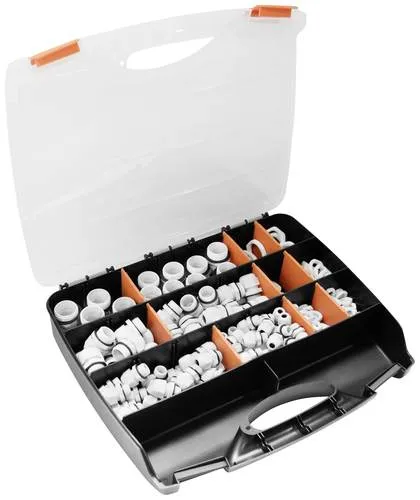 Quadrios 2102CA116 Kabelverschraubung Sortiment PA66 Weiß 224St. - Kabelverbinder - Praktisches Sortiment mit 224 Kabelverschraubungen in einer wiederverwendbaren Box, ideal für Service- und Reparaturarbeiten.