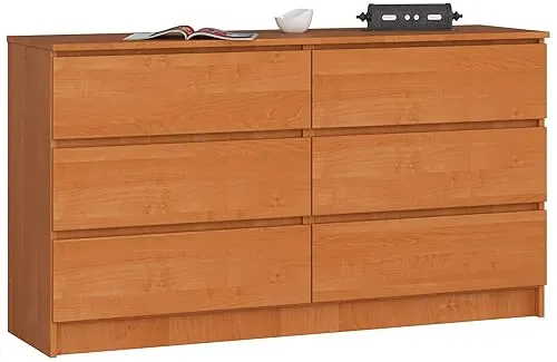 AKORD Kommode K-140 mit 6 (2 x 3) Schubladen | für das Wohnzimmer Schlafzimmer Schrank Büro Arbeitszimmer | Modernes Funktionales Design | B138 x H77 x T40 cm, Gewicht 51kg | Erle