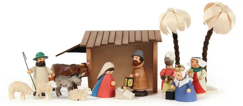 Farbenfrohe Weihnachtskrippe mit Stall aus dem Erzgebirge