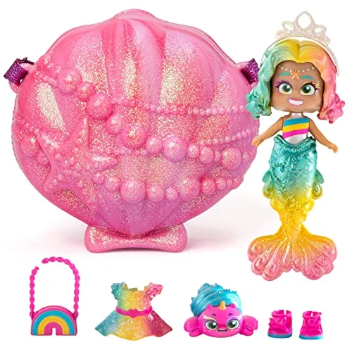 KOOKYLOOS Mermaids Coral Meerjungfrauen-Puppe mit 1 Muscheltasche, 1 Meerjungfrauenschwanz, 1 Haustier, Kleidung, Accessoires und Schuhe