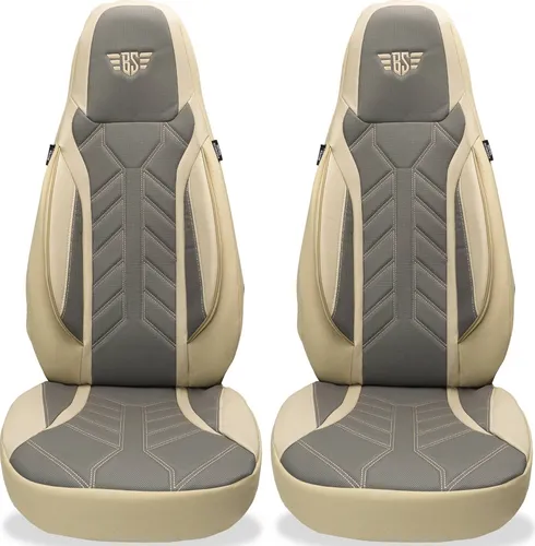 BREMER SITZBEZÜGE für Seat Leon 4 (DPL509) - 2-tlg. Set in Beige/Grau - Hochwertige Schonbezüge aus Kunstleder für Fahrer- und Beifahrersitz. Atmungsaktiv und pflegeleicht, ideal für Fahrzeuge mit und ohne Sitzheizung.