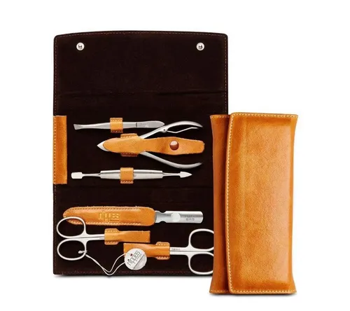 nippes Solingen Maniküre-Etui Set Cognac, 6-teilig - Nageletuis mit hochwertigem Rindleder-Etui, handgefertigte Edelstahl-Instrumente für perfekte Maniküre-Ergebnisse.