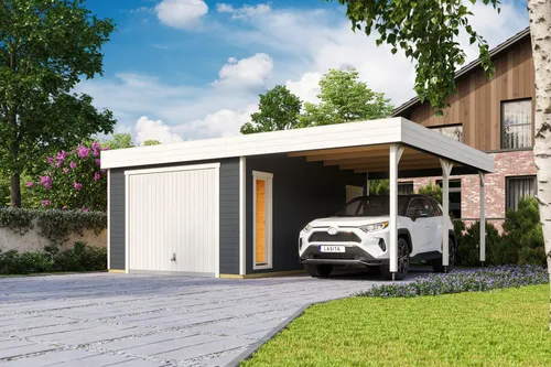 Garage Pultdach 44 mm Bahamas mit Schwingtor grau 680x560 cm - Gartenhäuser, geräumige Garage mit abschließbarem Schwingtor und 34.59 m² Nutzfläche, ideal für Autos und Lagerung.