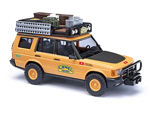 Busch 51938 H0 PKW Modell Land Rover Discovery, Camel Trophy - Modelleisenbahn - Detailgetreues Modell des Land Rover Discovery von 1992, ideal für Dschungelabenteuer und Sammler, mit authentischer Dachbeladung.