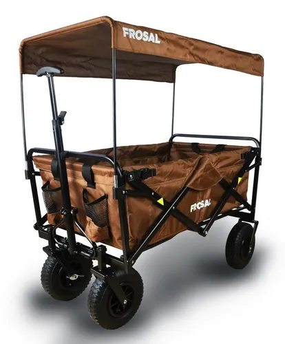 FROSAL Bollerwagen Nick braun faltbar mit Dach und Bremse - Bollerwagen für Kinder mit Lufträdern, leicht und klappbar. Ideal für Strandausflüge, mit einer Zuladung von bis zu 70 KG.