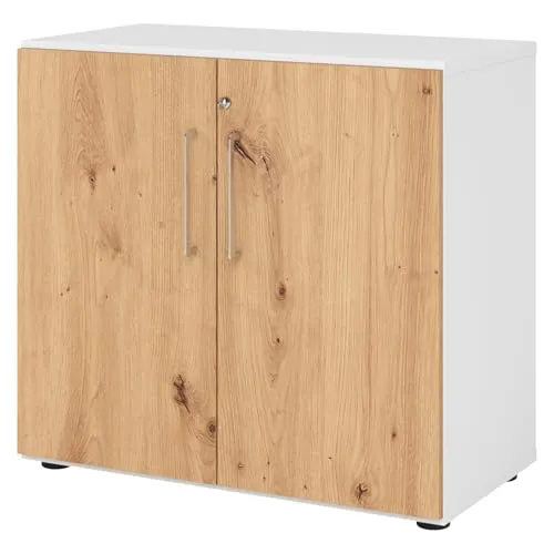 bümö Aktenschrank abschließbar - Hochwertiger Büroschrank in Weiß/Asteiche - Büro-Aktenschrank mit stabilem Schloss und patentiertem Threespine-Klicksystem für schnellen Aufbau. Robuster Korpus und höhenverstellbare Standfüße sorgen für Stabilität und Anpassungsfähigkeit.