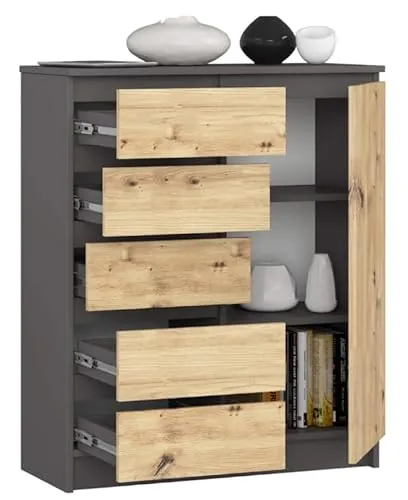 BDW - Kommode mit 5 Schubladen und 1 Tür - 80 cm breit, 97 cm hoch - Schrank, Sideboard, Mehrzweck-, Schuhschrank, Schubladenkommode, Aktenschrank - Wohn-, Schlafzimmer, Flur (Grau/Eiche-Artisan)