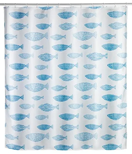WENKO Anti-Schimmel Duschvorhang Mod. Aquamarin - Duschvorhang 180 x 200 cm aus 100 % Polyester, antibakteriell beschichtet und waschbar bei 30°C. Mit umweltfreundlichem Gewichtsband und attraktivem Fisch-Design für hygienisches Badezimmer.