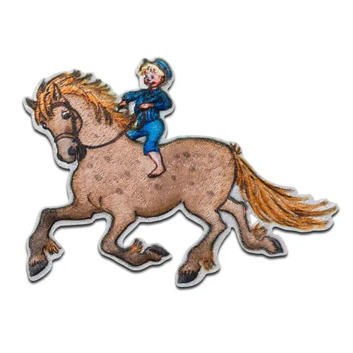 Michel aus Lönneberga mit Pferd - Aufnäher, Bügelbild, Größe: 5,8 x 8 cm