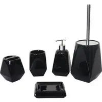5-teiliges Badezimmerset MCW-C71 - Elegante Badaccessoires in Schwarz - Stilvolles Set aus Keramik mit Zahnputzbecher, Seifenspender und mehr. Ideal für ein modernes Badezimmer, inklusive auswechselbarem Bürstenkopf und verchromtem Pumpkopf.