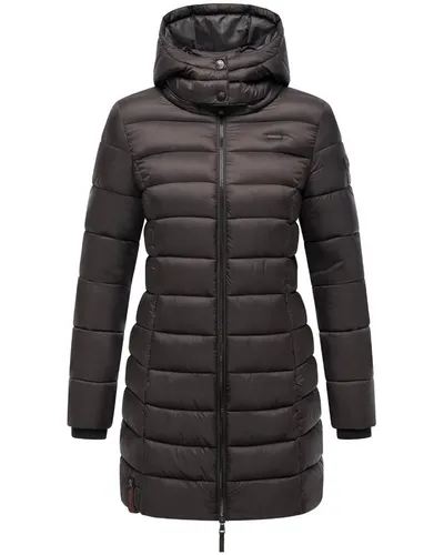 MARIKOO Damen langer Wintermantel Steppmantel mit abnehmbarer Kapuze Abendsternchen Choco Gr. S - Stylischer Steppmantel mit abnehmbarer Kapuze und weichem Innenfutter. Ideal für milde Wintertage und perfekt tailliert für jede Figur. Praktische Details wie Innentasche und gefütterte Taschen runden das Design ab.