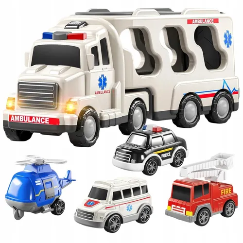 Set bestehend aus Abschleppwagen, Krankenwagen, Feuerwehrwagen, Polizeifahrzeug,