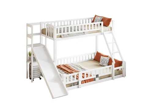 REDOM Etagenbett Jugendbett mit Rutsche aus Kiefernholz - Kiefernholz Etagenbett für Kinderzimmer – vereint Sicherheit und Spielspaß. Mit integrierter Rutsche und praktischen Regalen bietet es Platz für Kreativität und Ordnung. Ideal für unbeschwerten Schlaf und aufregende Abenteuer!