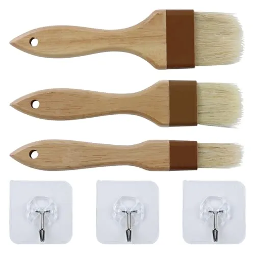 Stück Backpinsel Kochpinsel Küchenpinsel Grillpinsel BBQ Pinsel Naturborsten Backen Basting Ölpinsel Hitzebeständig Ölbürste mit Langem Holzgriff für Gebäck Grill Fleisch (2,5/4/5 cm), mit 3 Haken 3