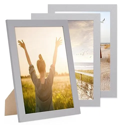 PHOTOLINI Bilderrahmen A4 Holz MDF Set, breiter DIN A4 Bilderrahmen 3er Set 21x30 Silber, bruchsicheres Acrylglas, picture frame zum Aufhängen & Aufstellen, Bilder Rahmen 30x21 mit Zubehör