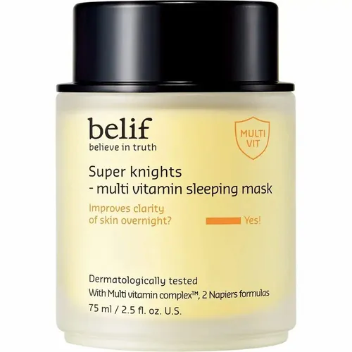 belif Super Knights Nachtmaske mit Multivitamin & Niacinamid - Feuchtigkeitsspendende Overnight-Maske mit reichhaltiger Textur, ideal für einen strahlenden Teint. Perfekt für die Abendroutine, um die Haut zu verwöhnen und mit wertvollen Inhaltsstoffen zu pflegen. 75ml für regelmäßige Anwendung.