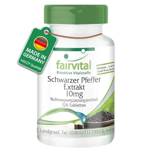 Fairvital | Schwarzer Pfeffer Extrakt 10mg - 120 Tabletten - 95% Piperin - 4-Monatspackung - 100% vegan - Qualitätsgeprüft - Made in Germany